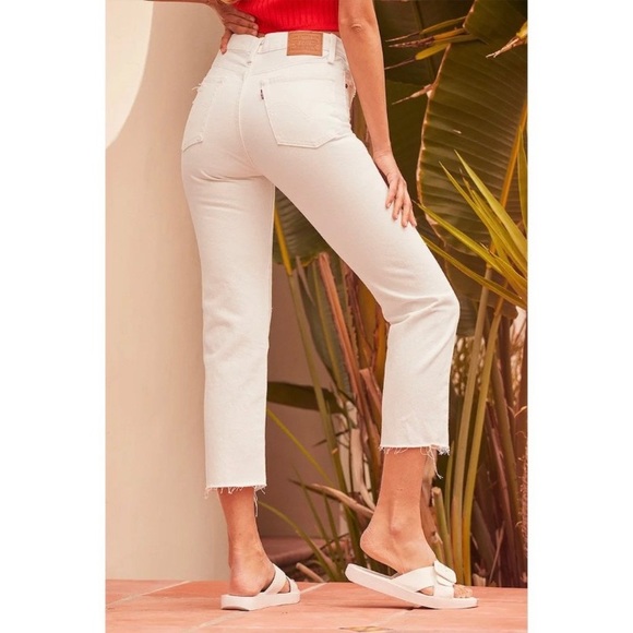Levi Wedgie Straight White Distressed Denim High-Rise Cropped Jeans - Picture 7 of 16